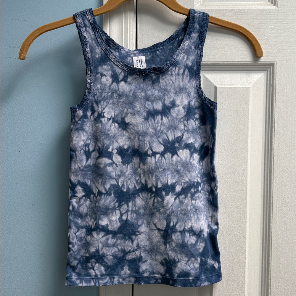 GAP Kids 100% Cotton Lace-Trimmed Blue Tie-Dye Tank Top Girls Size M (8-9 Years)